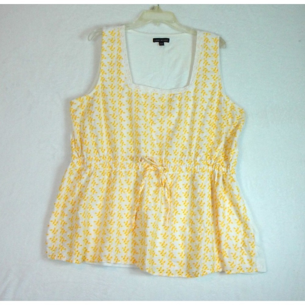 Lane‎ Bryant Yellow Floral Eyelet Drawstring Babydoll Top White Sleeveless 22/24